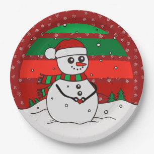Plato De Papel Vintage de Snowman Rainbow Snowflakes Red Green 9"