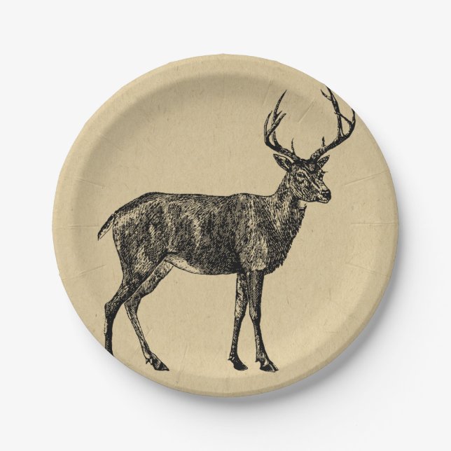 Plato De Papel Vintage Deer Art Illustrated Deer (Anverso)