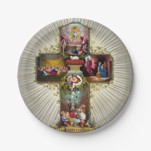 Plato De Papel Vintage Easter Cross Festividad Religiosa Oro