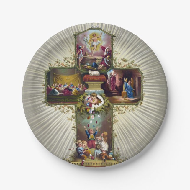 Plato De Papel Vintage Easter Cross Festividad Religiosa Oro (Anverso)