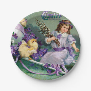 Plato De Papel Vintage Easter Greetings Chica Egg Chick Carriage