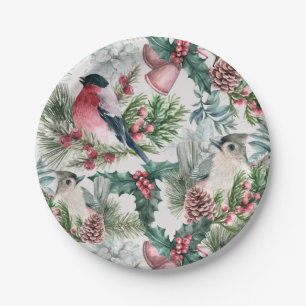 Plato De Papel Vintage estampado floral de pinos y aves navideñas