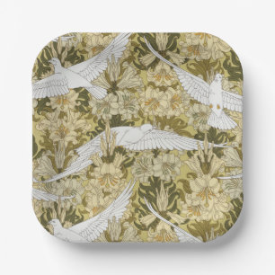 Plato De Papel Vintage Estampado Floral Verde Salvia Paloma y Lir