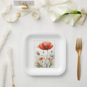 Plato De Papel Vintage Farmhouse Decoración Rojo Poppy Garden Flo