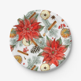 Plato De Papel Vintage Feliz Navidad Acuarela Poinsettia Roja 
