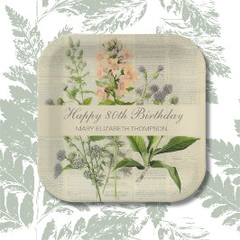 Plato De Papel Vintage Floral 80 cumpleaños