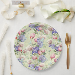 Plato De Papel Vintage floral de color rosa verde