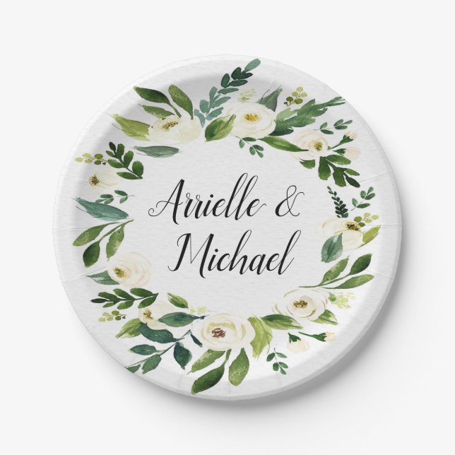 Plato De Papel Vintage Floral Green Garden Wedding Plates (Anverso)