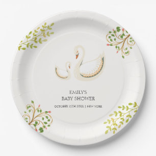 Plato De Papel Vintage Floral Greenery Swan Baby Shower