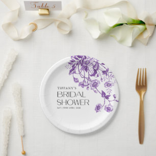 Plato De Papel Vintage French Toile Purple Floral Bridal Shower