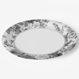 Plato De Papel Vintage gris negro y blanco Toile floral No.3