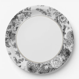 Plato De Papel Vintage gris negro y blanco Toile floral No.3