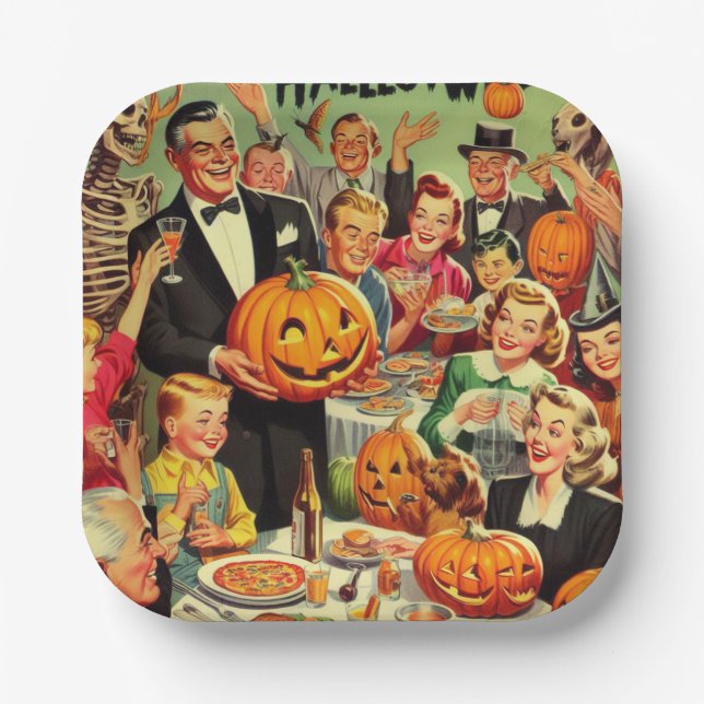 Plato De Papel Vintage Halloween Party Ilustracion (Anverso)