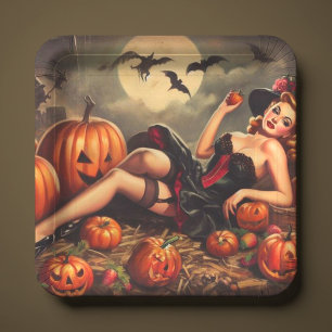 Plato De Papel Vintage Halloween Pin Up