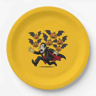Plato De Papel Vintage Halloween vampiro y murciélagos de calabaz