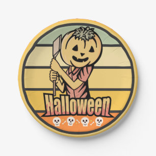 PLATO DE PAPEL VINTAGE HALLOWEKIN CON AX Y SKULL