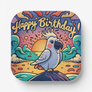 Plato De Papel Vintage Happy Birday Colorful Parrot Bird