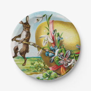 Plato De Papel Vintage Happy Easter Bunny Rabbits Easter Eggs