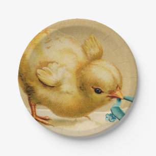 Plato De Papel Vintage Happy Easter Chick con Flores Azules