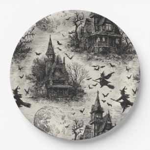 Plato De Papel Vintage Hauned House y Witch Toile Pattern