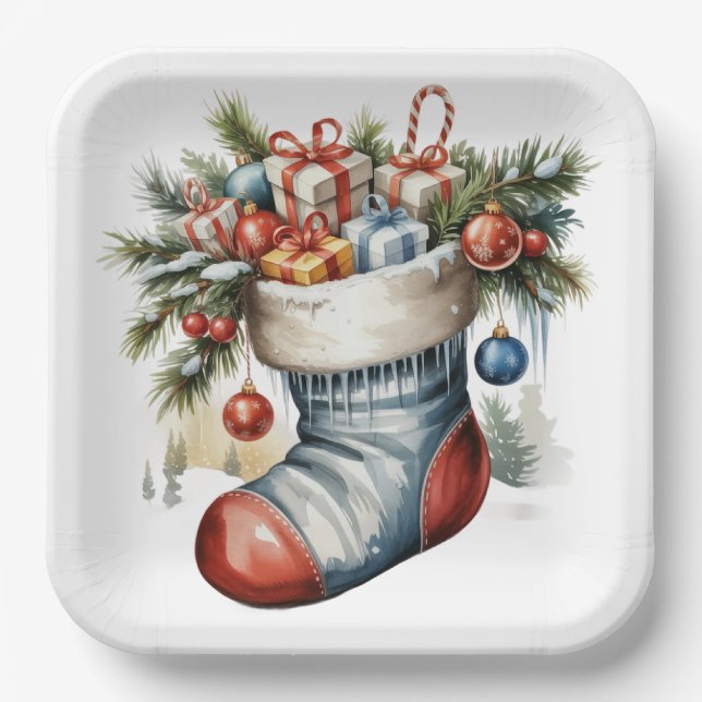 PLATO DE PAPEL VINTAGE HOLIDAY CHRISTMAS STOCKING & PRESENTS (Anverso)