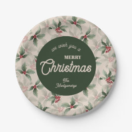 Plato De Papel Vintage Holly y Berries Feliz Navidad