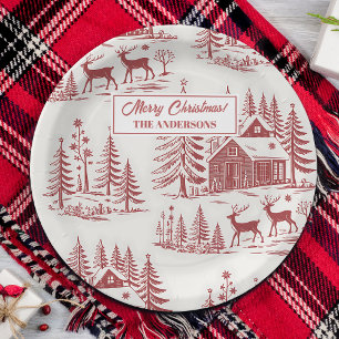 Plato De Papel Vintage Ilustracion Reno y Casas Invierno