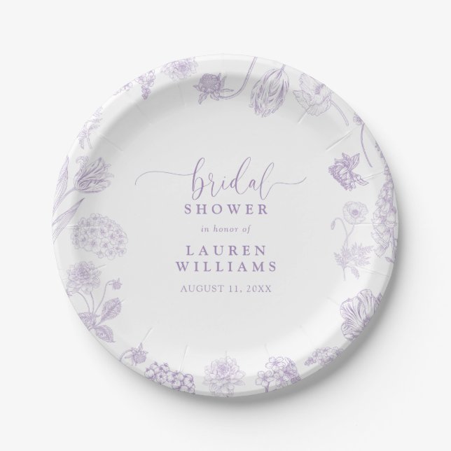 Plato De Papel Vintage Lilac Lavender Floral Script Ducha de novi (Anverso)