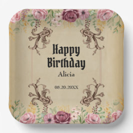 Plato De Papel Vintage Maroon Gold Flower Parchday