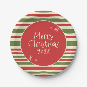 Plato De Papel Vintage Merry Christmas Stripes Cute Retro