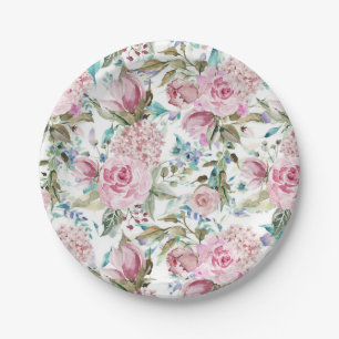 Plato De Papel Vintage Moda de campo Verde azulado rosado Floral