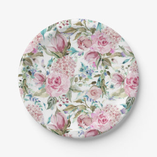 Plato De Papel Vintage Moda de campo Verde azulado rosado Floral