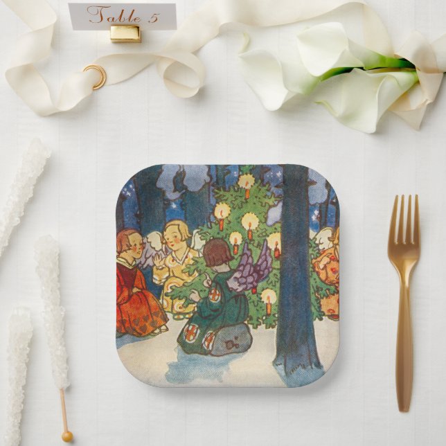 Plato De Papel Vintage Navidad angel arte Festividad (Boda)