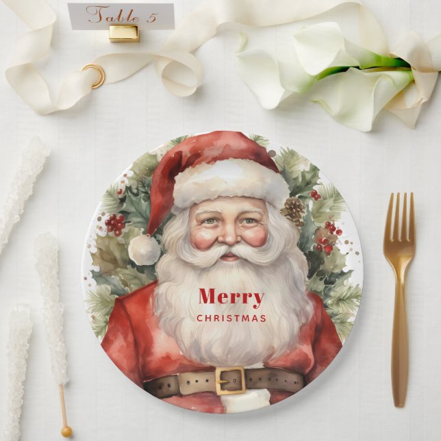 Plato De Papel Vintage Navidad Santa Claus Sonriendo (Boda)