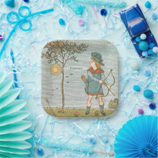 Plato De Papel Vintage Nursery Rhyme Ilustracion Boy Bow Arrow