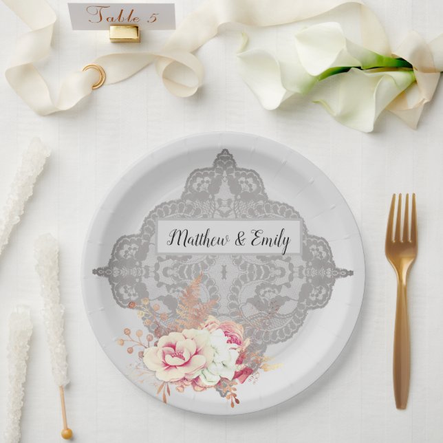 Plato De Papel Vintage Pastel Rosa Floral (Boda)