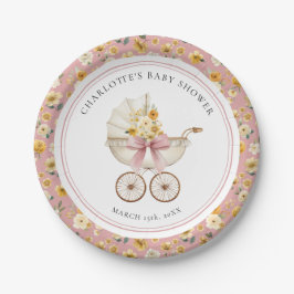 Plato De Papel Vintage Pink Baby Carriage Floral Baby Shower