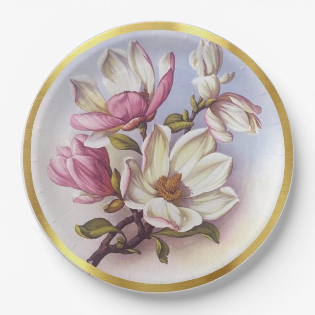 Plato De Papel Vintage Pink Magnolia Retro Botanical (Anverso)