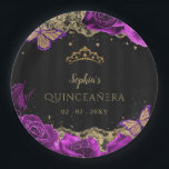 Plato De Papel Vintage Purple Rosas Black Gold Lace Quinceañera<br><div class="desc">Elegantes Rosas púrpura de la época mariposas Black Gold Lace Quinceañera Plates</div>