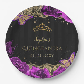 Plato De Papel Vintage Purple Rosas Black Gold Lace Quinceañera