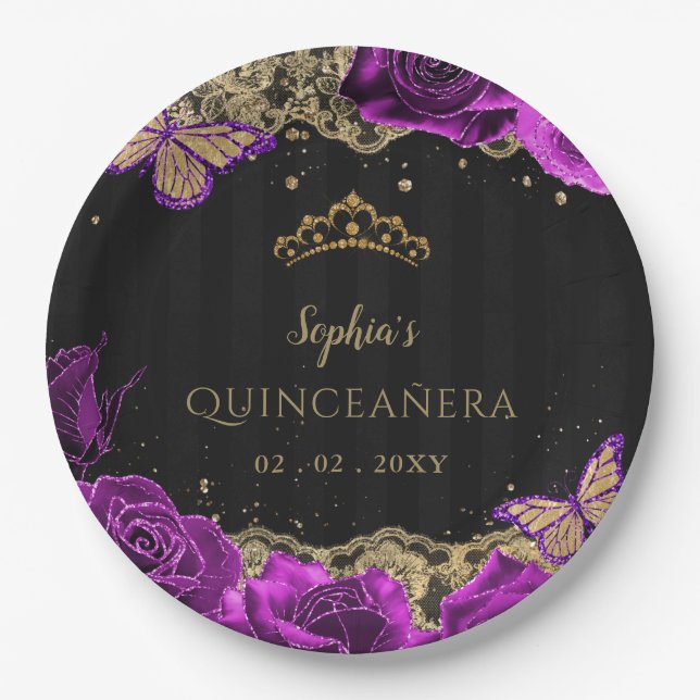 Plato De Papel Vintage Purple Rosas Black Gold Lace Quinceañera (Anverso)
