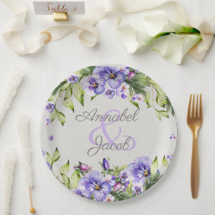 Plato De Papel Vintage Purple Watercolor Pansy Boda