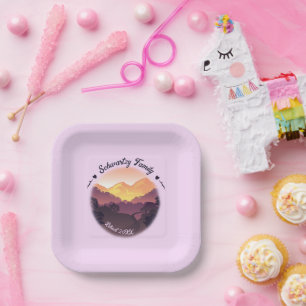 Plato De Papel Vintage Purple Yellow Farmhouse Mountain Sunset