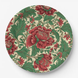 Plato De Papel Vintage Red and Green Victorian Floral Boda