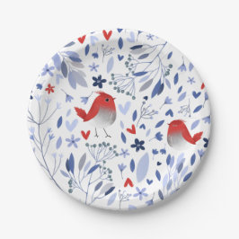 Plato De Papel Vintage Red Bird Blue Floral Watercolor