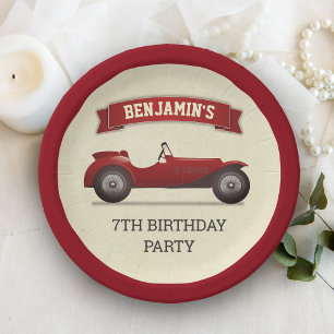 Plato De Papel Vintage Red Race Car Kids Birday Fiesta