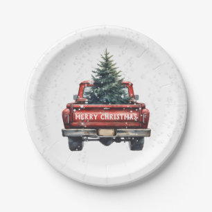Plato De Papel Vintage Red Truck Merry Christmas