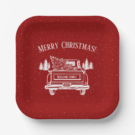 Plato De Papel Vintage Red White Truck Feliz Navidad