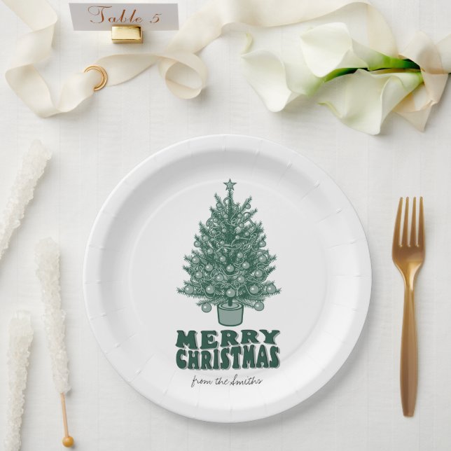 Plato De Papel Vintage Retro Greenery Feliz Navidad (Boda)