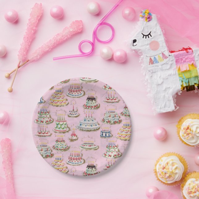 Plato De Papel Vintage Retro Happy Birday Cakes (Fiesta)